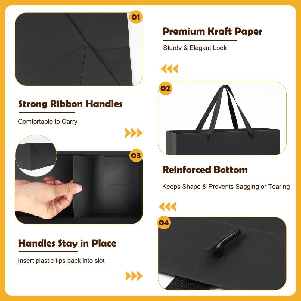 Shintop 3pcs Extra Large Black Gift Bags with Handles, 15.7 x 11.3 x 5.5 in Reusable Big Paper Present Bags with Tissue Paper for Men, Birthday, Business or Holiday Use