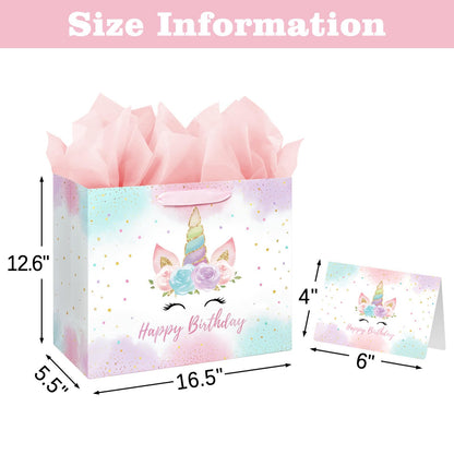 16.5" Large Unicorn Birthday Gift Bag with Card and Tissue Paper for Baby Girls and Kids Birthday (16.5 inch Pink)