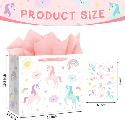 Reyoust 13" Large Magical Pastel Unicorn Happy Birthday Gift Bag with Card and Tissue Paper Rainbow Unicorn Birthday Party Decorations for Girls Kids 13" L x 10.2" H x 4.9" W