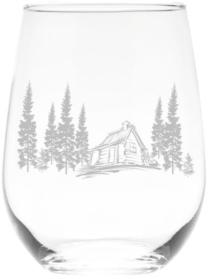 C M - Cabin in the Woods Stemless Wine Glass - 17 oz - Glass - Cabin Themed Gift for Men and Women