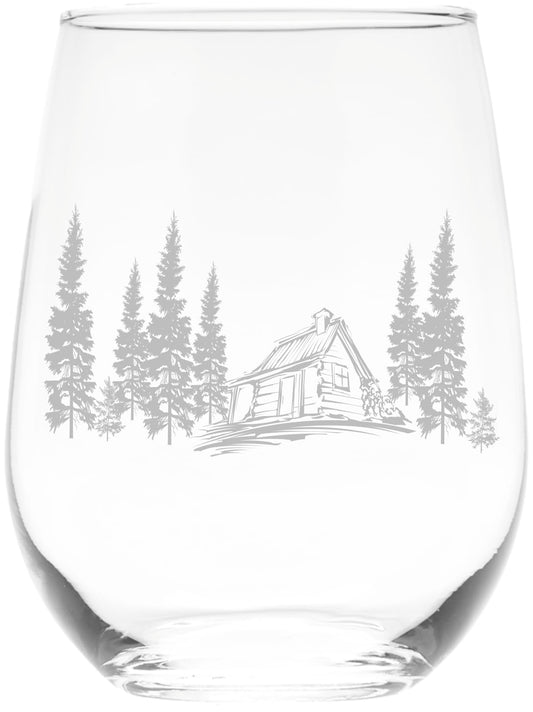 C M - Cabin in the Woods Stemless Wine Glass - 17 oz - Glass - Cabin Themed Gift for Men and Women
