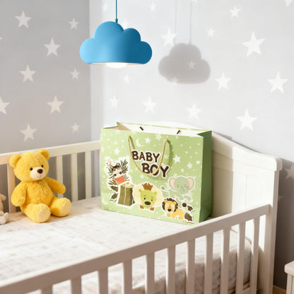 DiffyGo 13" Large Baby Gift Bag for Baby Shower with Tissue Papers and Card (Green)