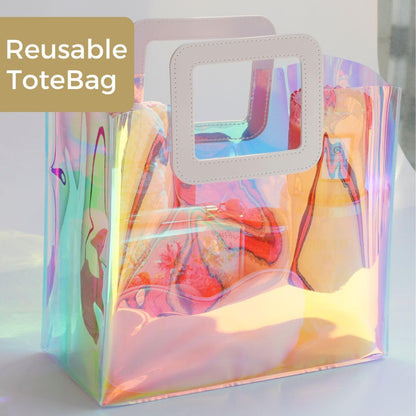 VUOJUR Holographic Gift Bag Medium Size 11x9.8x5.1'' Clear Reusable Birthday Gift Bag for Women Girl Iridescent Bachelorette Wedding Christmas with Handle