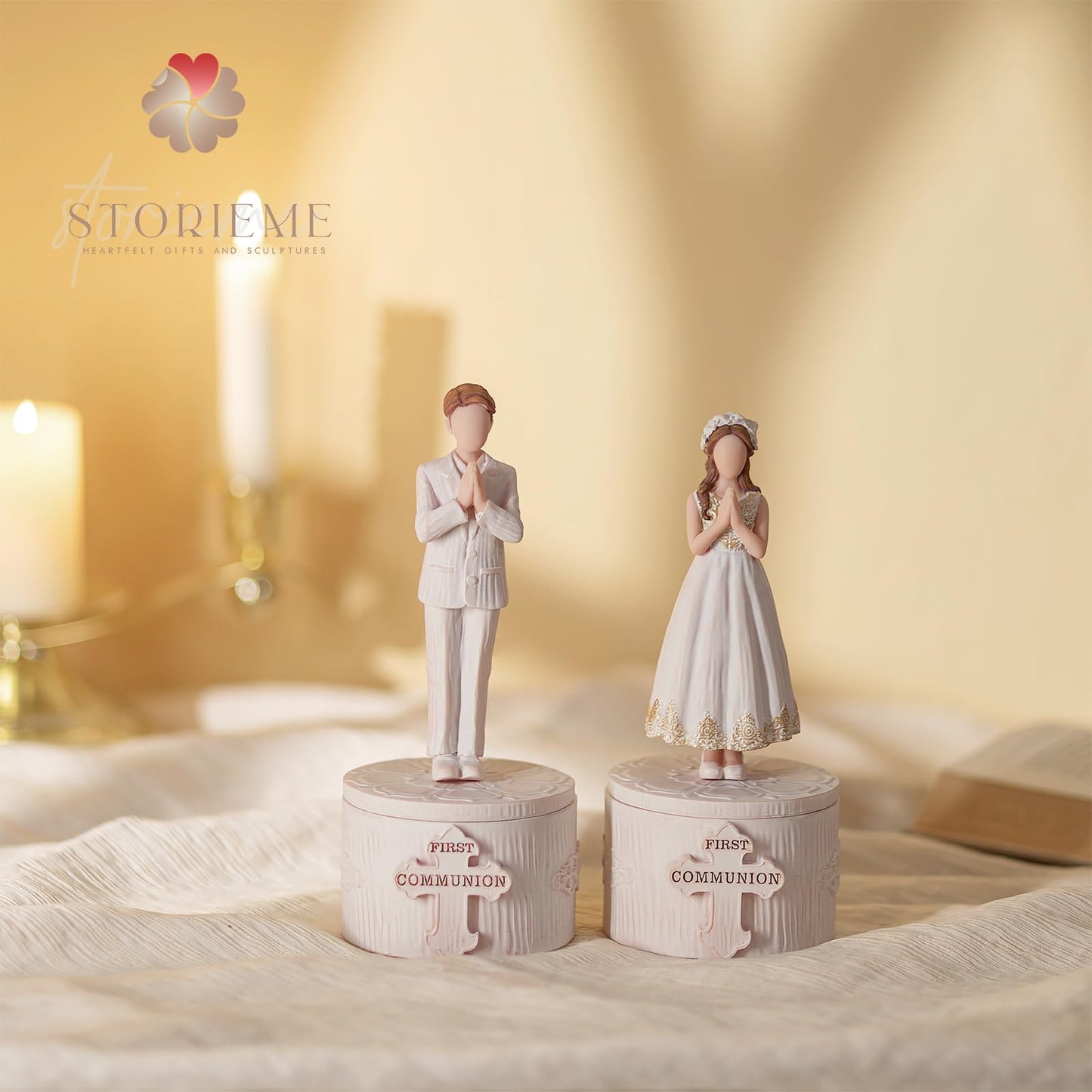 Storieme First Communion Gifts for Girls: 1st Holy Communion Decorations Keepsake Box with Rosary Cross Bracelet - Christian Religious Catholic Present for Baptism Confirmation