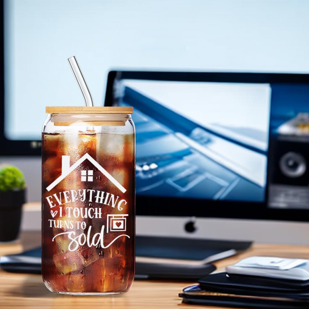 Realtor Gifts for Women, Closing Gift for Realtors, Gifts for Real Estate Agents, Everything I Touch Turns to Sold - 17 Oz Drinking Glass Iced Can Glass Cup with Bamboo Lid and Straw