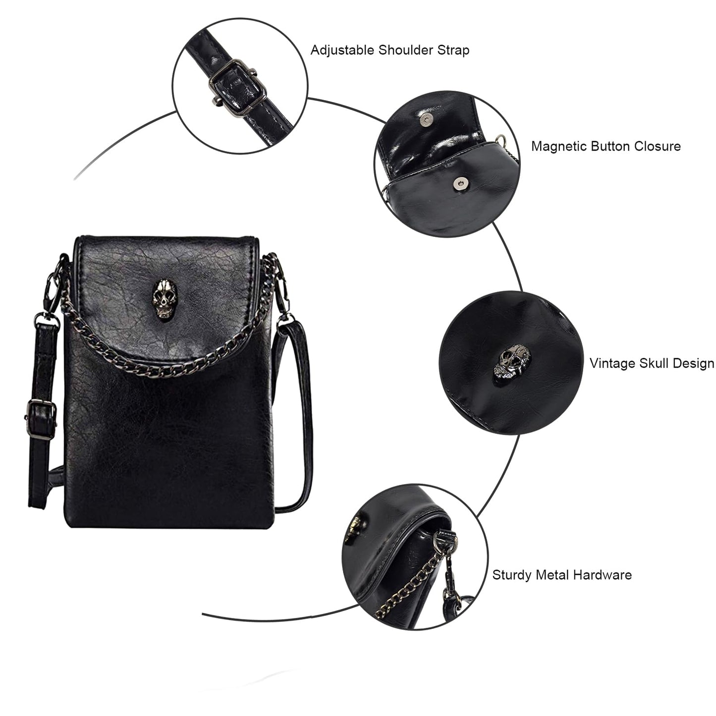 WITERY Small Crossbody Bag for Women Goth Bag Cell Phone Purse PU Leather Gothic Purse Mini Concert Shoulder Travel Purse with Chain