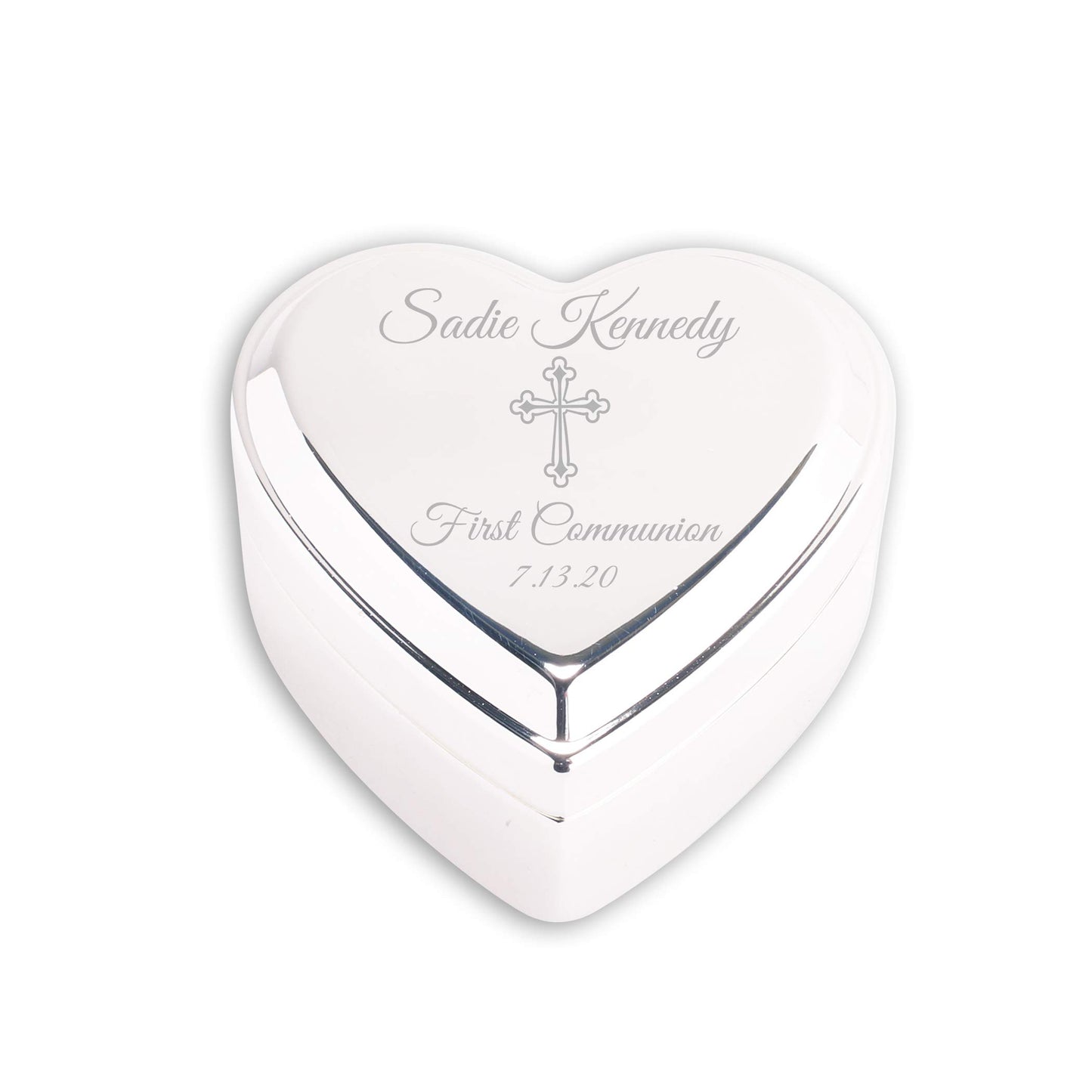 Cherished Moments Personalized Heart Jewelry Keepsake Box with Custom Engraved Cross and Name for First Communion Gift for Girls, Silver Toned