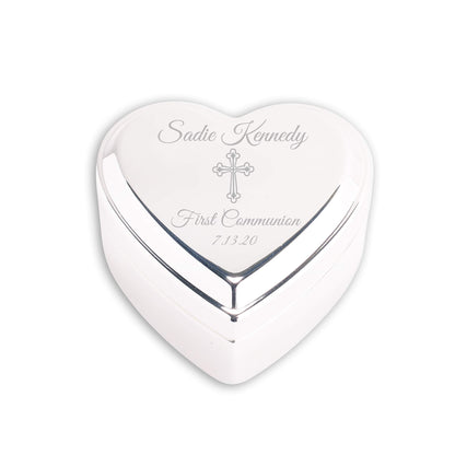 Cherished Moments Personalized Heart Jewelry Keepsake Box with Custom Engraved Cross and Name for First Communion Gift for Girls, Silver Toned