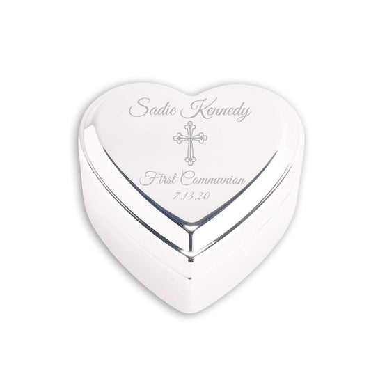 Cherished Moments Personalized Heart Jewelry Keepsake Box with Custom Engraved Cross and Name for First Communion Gift for Girls, Silver Toned