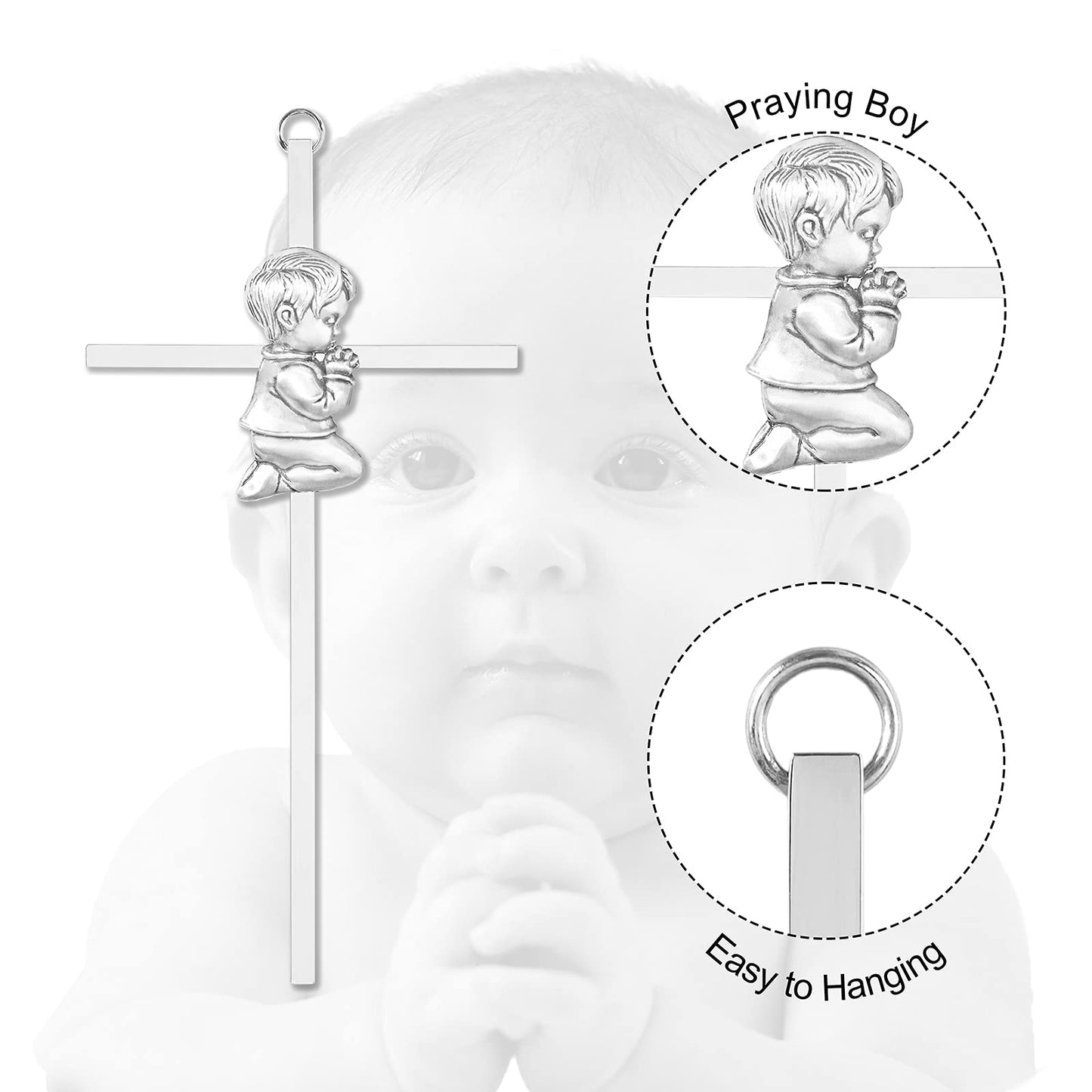 Tryuunion Baby Wall Cross Baptism Gifts for Boys, 7-inch Silver Blessing Boy Baptism Crosses for First Holy Communion Christening and Dedication Baptismal Gifts from Godparents
