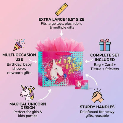 BeiLaad Unicorn Happy Birthday Gift Bag with Greeting Card and Tissue Paper, Birthday Gift Bags for Kids Girls Medium