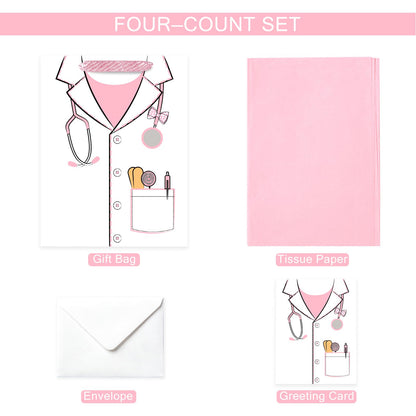 Loveinside 13" Large Pink Nurse Gift Bag for Wmen, Pink Medical Uniform Design Gift Bag with Tissue Paper, Crad for Nurses, Doctor, Nursing Graduation, Medical School, Thank You, 10" x 5" x 13", 1 Pcs