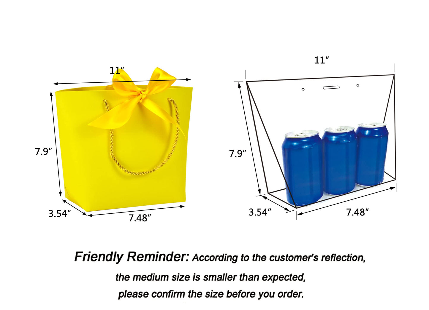 HUAPRINT Gift Bags with Handles,7.48×3.54×7.9 inches,Party Favor Bags with Bow Ribbon,12Pcs Yellow Paper Bags for Birthday Wedding Bridesmaid Present Celebration Holiday