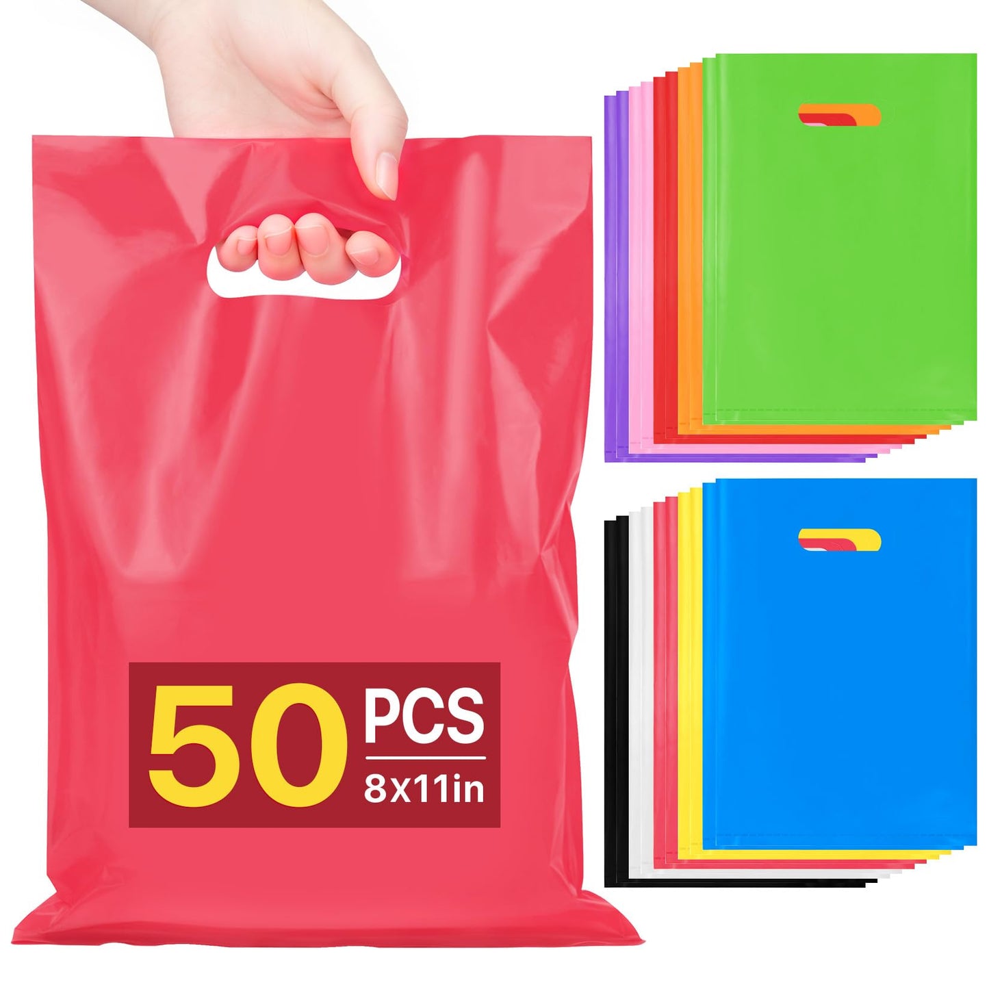 ANZNKU 50 PCS Multicolor Party Favor Gift Bags 8"x11", Goodie Bag Bulk for Candy Jewelry Treat Snack Craft, Small Reusable Plastic Party Bags with Handles for Kids Birthday, School & Festive Events