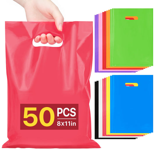 ANZNKU 50 PCS Multicolor Party Favor Gift Bags 8"x11", Goodie Bag Bulk for Candy Jewelry Treat Snack Craft, Small Reusable Plastic Party Bags with Handles for Kids Birthday, School & Festive Events