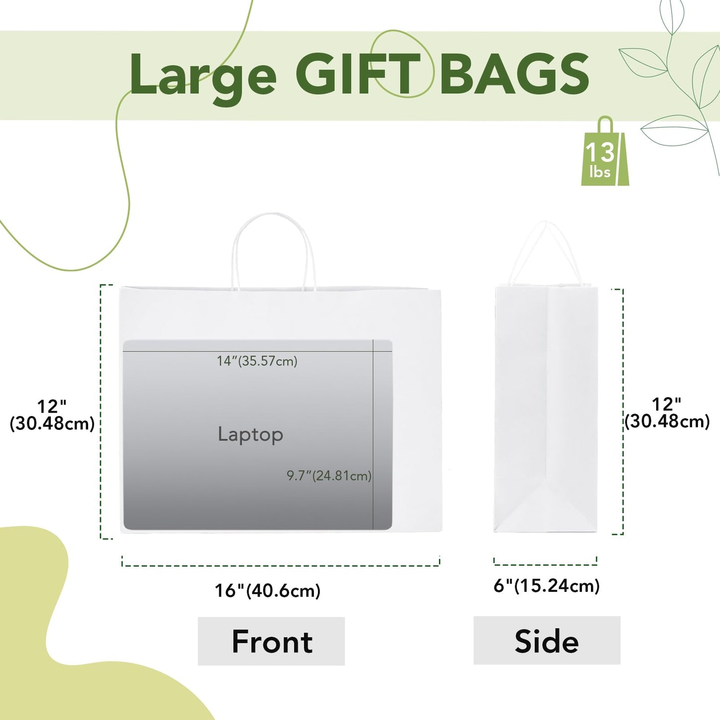 MESHA Gift Paper Bags White X-Large 16x6x12 25 Pack,Kraft Gift Bags with Handles for Shopping Birthday Party Favor Grocery Retail Merchandise Wedding Sacks