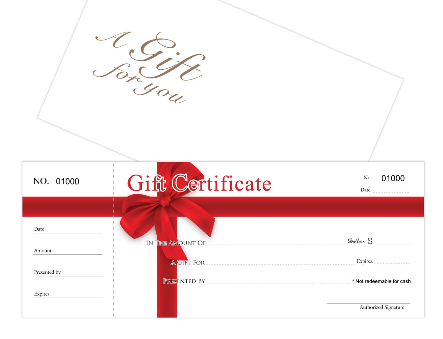IMPACTONLINEPRINTING Blank Gift Certificates 25set, gift certificate for business, Gift-RED-RIBBON-PP, Comes with matching Envelopes, Sequential Numbering Printing