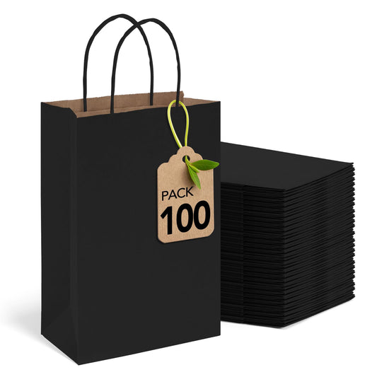 MESHA Black Gift Bags 5.25x3.75x8 Inch Small Kraft Paper Bags with Handles Bulk,100 Pack for Small Business,Wedding Party Favor