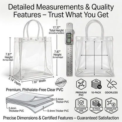 RJTLPNK 10-Pack Transparent PVC Gift Bags with Handles – Durable & Odorless Clear Plastic Bags for Wedding Favors, Birthday Parties & Corporate Events (7.87”L x 3.14”W x 7.87”H)