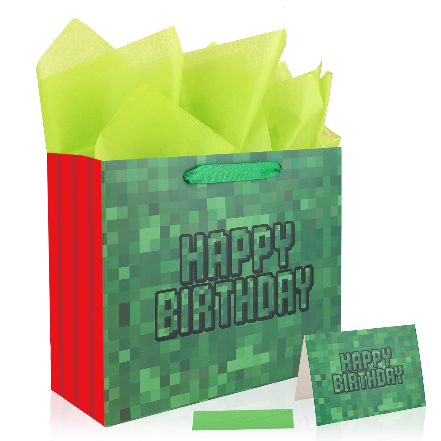 Happy Birthday Goodie Bags, Pixel Theme Gift Bags with Tissue Paper Greeting Card Envelope Party Supplies for Birthday