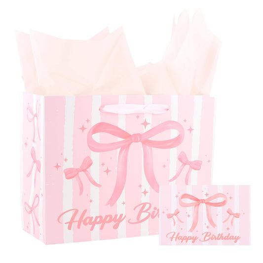 KEUKORZ Pink Birthday Gift Bag Set-Comes with Tissue Paper and Greeting Card, Large 13x10.3x5 Inch Bow Design Gift Wrapping Set, Perfect for Girls and Women
