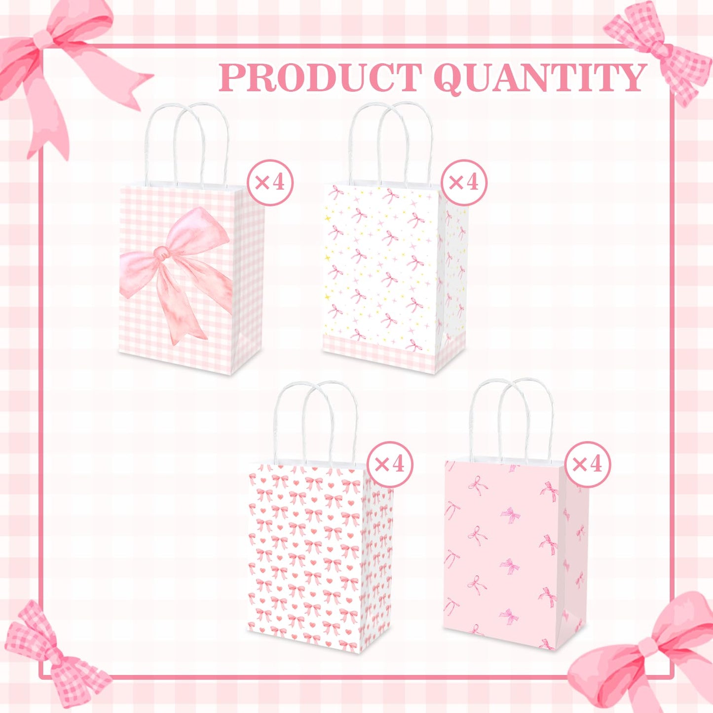 MUZRUYOU Pink Bow Goodie Bags 16 Pcs - Pink Gift Favor Bags with Handles for Birthday Party, Baby Shower, Bridal Shower, Bachelorette Supplies Coquette Theme