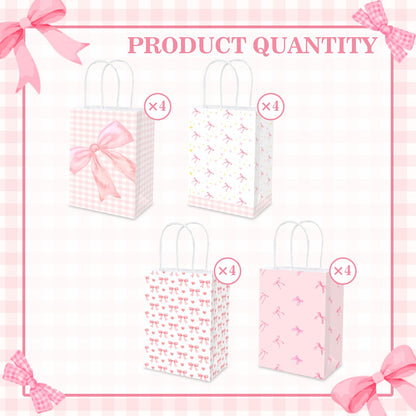 MUZRUYOU Pink Bow Goodie Bags 16 Pcs - Pink Gift Favor Bags with Handles for Birthday Party, Baby Shower, Bridal Shower, Bachelorette Supplies Coquette Theme