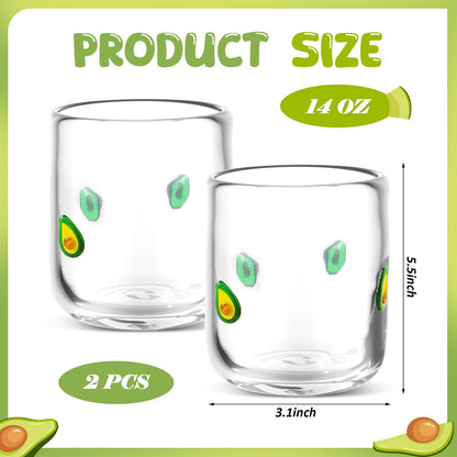 SiliFine 2 Pcs Avocado Icon Juice Glasses - 14oz Avocado Stemless Wine Drinking Coffee Glass Cup for Fruit Party Supplies & Gift