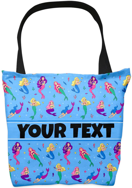 Personalized Tote Bag - Mermaids, Custom Name/Text, Reusable w/Straps, Canvas Cloth Fabric, Customized Gift Idea, Birthday/Christmas/Holiday Present, 18x18