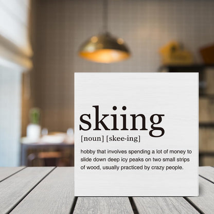 Dumyum Skier Gift Skiing Definition Wooden Box Sign Ski Quotes Desk Decorative Wooden Sign Home Decor for Desk Table Shelf (5 x 5 Inches), Medium