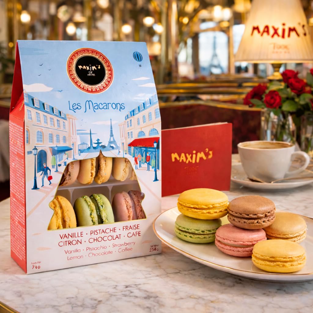 Maxim’s de Paris French Macaron Gift Box – Gourmet Macaron Cookies Assortment, 6 Classic Flavors (Vanilla, Pistachio, Lemon, Chocolate, Coffee, Strawberry), Luxury French Dessert Gift from Paris