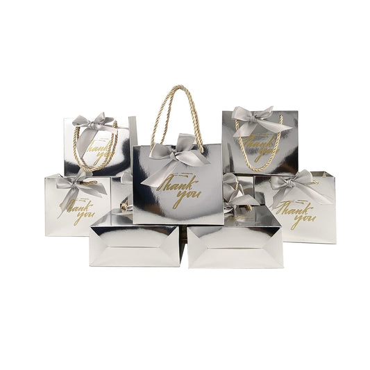 TKSBAG 20 Pack Small Silver Thank You Gift Bags With Handles-5.5''x 2.3''x4.7'' Mini Gift Bags Bulk for Baby Shower, Birthday, Wedding, Back to School, Summer Party