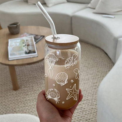 Mikopei Beach Gifts for Women - Ocean Animals Glass Cup with Lid and Straw, Cleaning Brush, Beach Room Decor, Coastal Decor for Home, Beachy Decorations, Iced Coffee Cup Tumbler, 16 oz