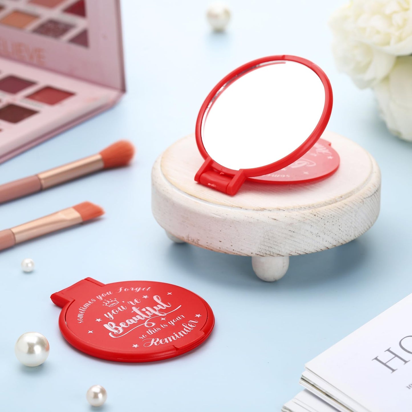 36 Pcs 2.76 Inch Inspirational Compact Mirror Bulk Women Small Gifts Graduation Mothers Day Party Favors Purse Mirror Pocket Mini Items for Adult Coworker Cheerleader Swag Bag (Red)