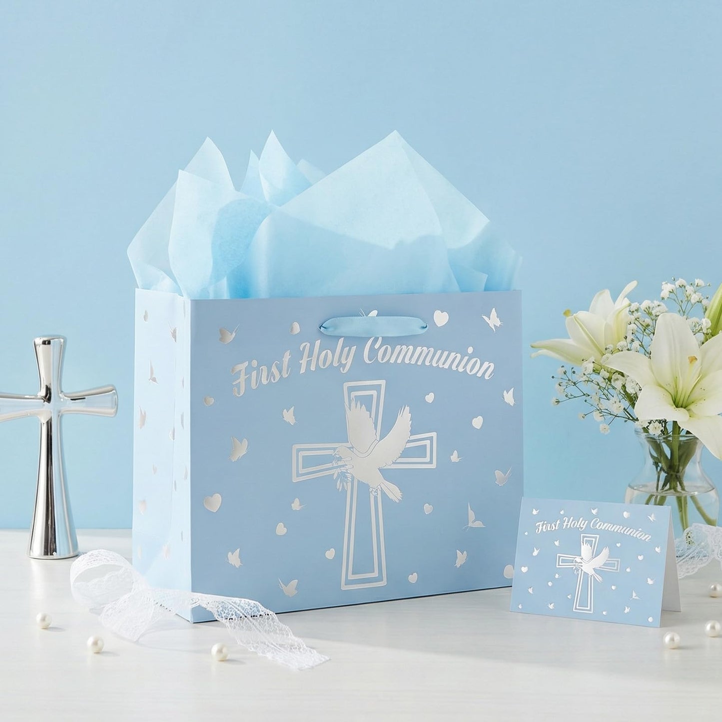 Yomaiha Blue First Holy Communion Gift Bag with Wrapping Paper and Greeting Card, Silver Cross Gift Bag with Pigeon Design Christian Religious Wrapping Paper Bag for Baby Boy Baptism Party Supplies
