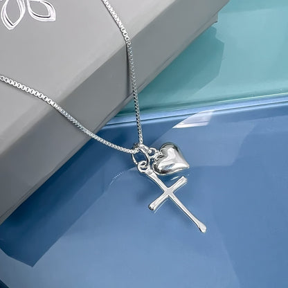 Sterling Silver Cross Necklace for Girls, Sterling Silver Cross with Puffed Heart Charm, First Communion Gift Necklace for Daughter, Goddaughter Gift Necklace