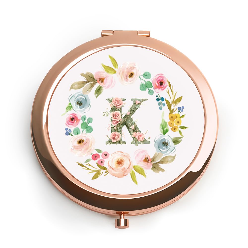Personalized Gift for Women Girls Her, Custom Gifts for Adult Teen, Floral Monogram Alphabet Initial Compact Mirror for Birthday, Graduation, Mothers Day, Basket Stuffers