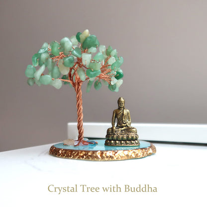 Buddha Statue with Healing Crystal Tree, Tree of Life for Positive Energy. Home Decor Yoga Meditation. Green.(B)
