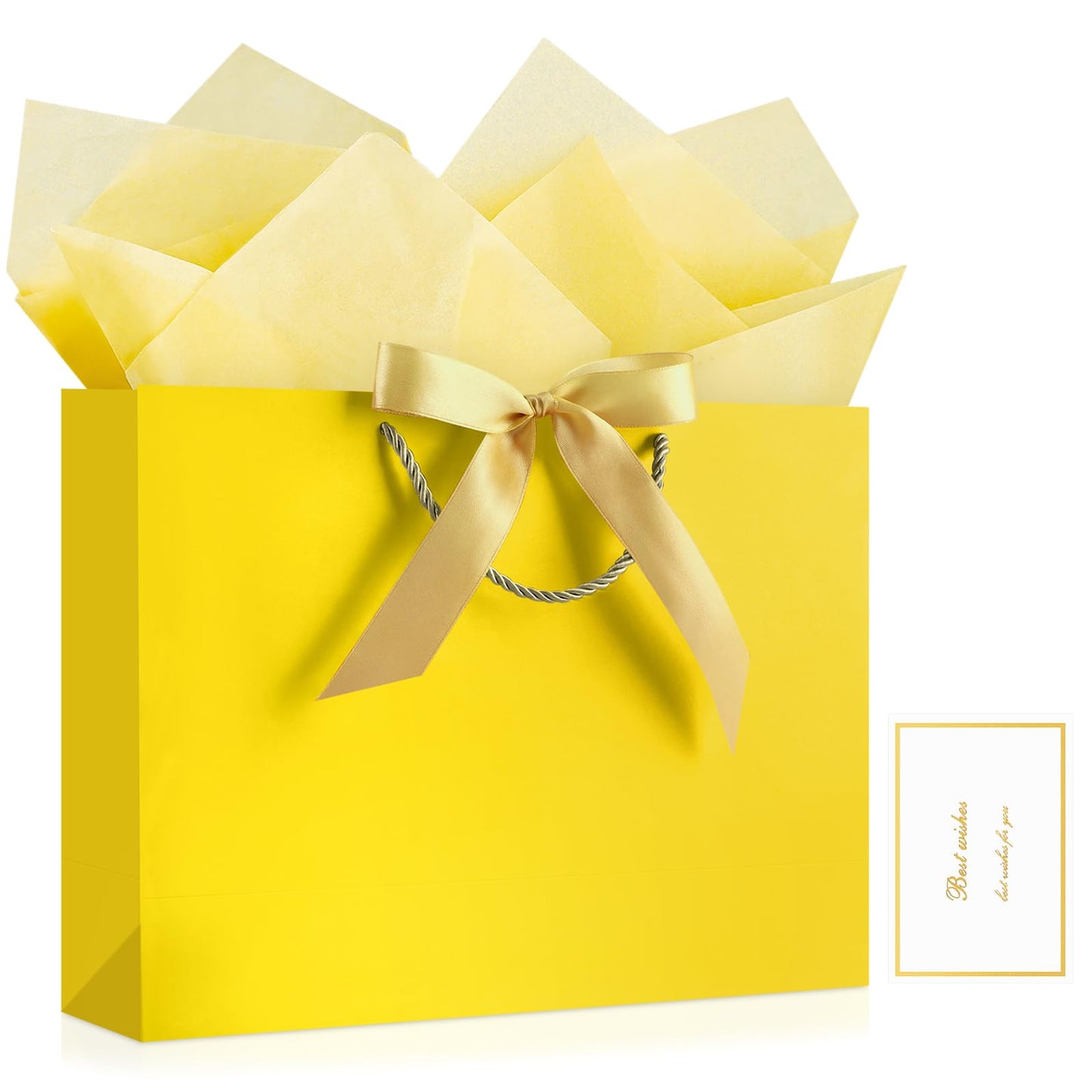 JMANNI Gift Bags with Handles, 13” Medium Gift Bag for Presents, 1 Pcs Bags with 2 Tissue Paper and 1 Cards for Baby Shower Wedding Bridal Shower Mother's Day Birthday Party (Yellow