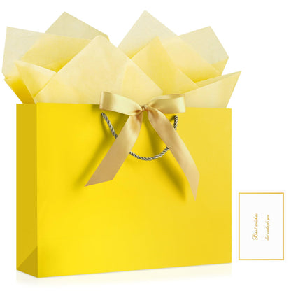 JMANNI Gift Bags with Handles, 13” Medium Gift Bag for Presents, 1 Pcs Bags with 2 Tissue Paper and 1 Cards for Baby Shower Wedding Bridal Shower Mother's Day Birthday Party (Yellow