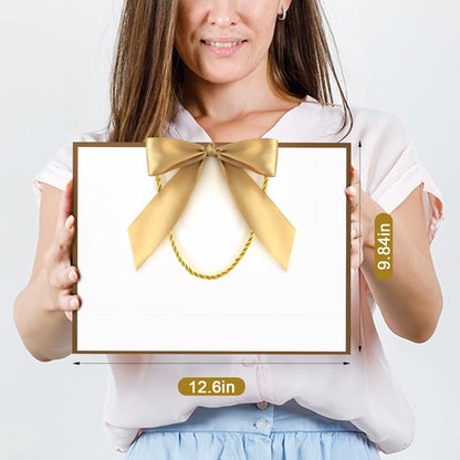 YoungTree Gift Bags with Handles, 13" Medium Gift Bag with 2 Tissue Paper and 1 Card, Present Bag for Graduation Wedding Baby Shower Bridal Shower Birthday Party Supplies (White-Gold)