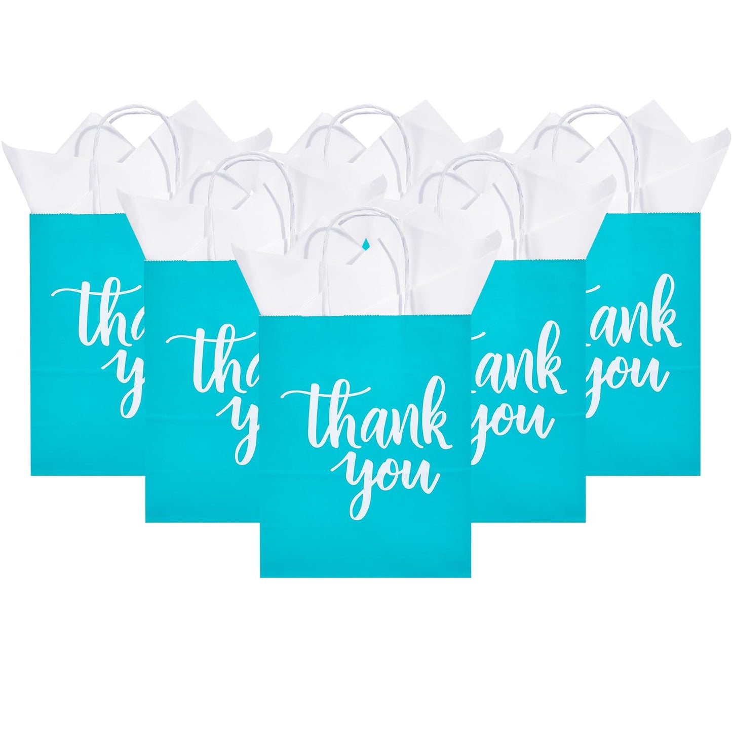 DjinnGlory 50 Pack Medium Sized Teal Blue Gift Bags Thank You Paper Bags with Handles 10''x8''x4'' and 50 White Tissue Paper for Small Business Shopping, Wedding Baby Shower Party Favors (Teal)