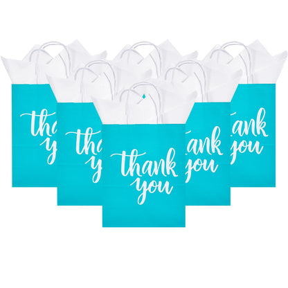DjinnGlory 50 Pack Medium Sized Teal Blue Gift Bags Thank You Paper Bags with Handles 10''x8''x4'' and 50 White Tissue Paper for Small Business Shopping, Wedding Baby Shower Party Favors (Teal)