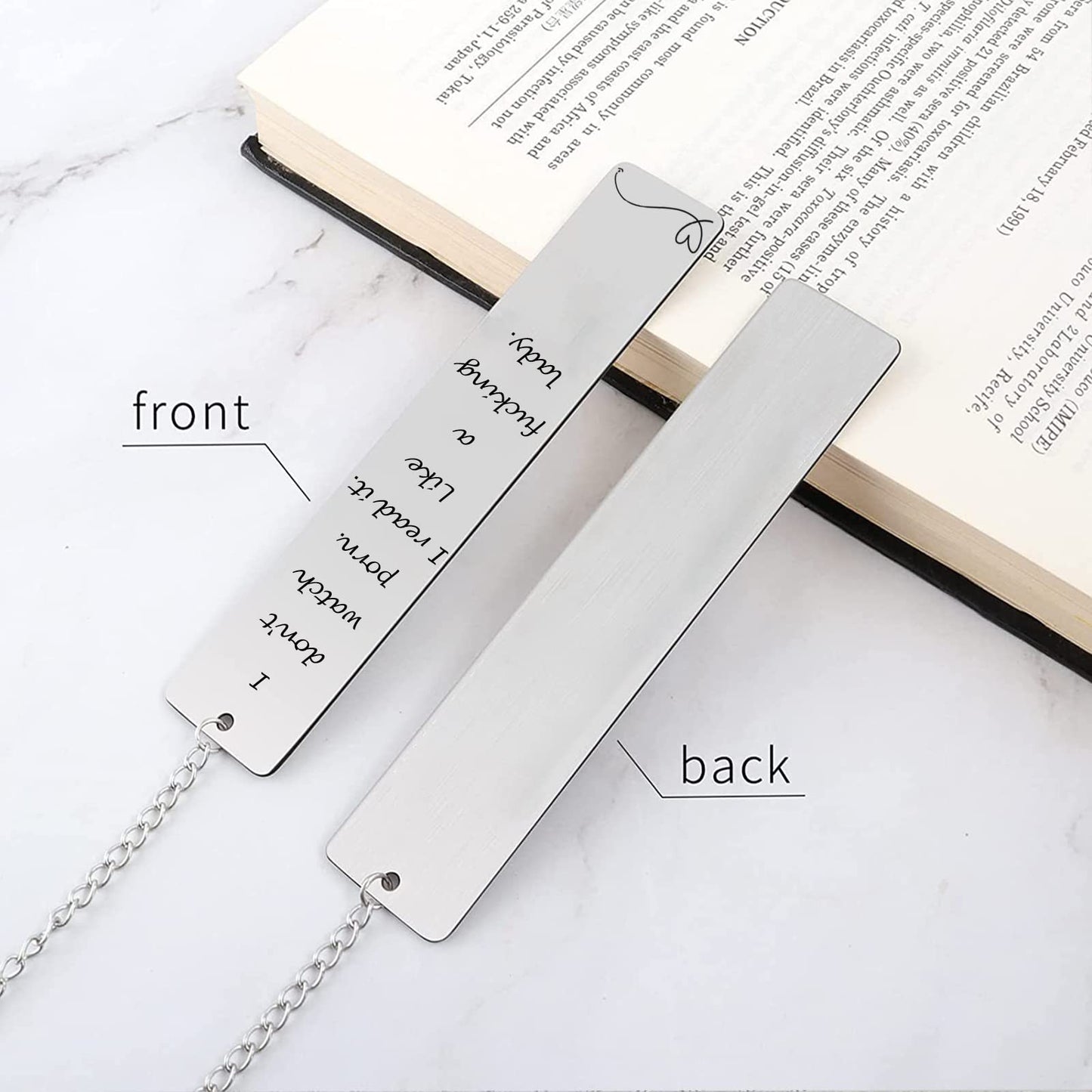Teniinet Metal Bookmark Gift, 'I Don't Watch Porn. I Read it Like a Fking Lady' Stainless Steel Leaf Pendant Book Mark with Box for Women, Men, Friends, Teacher, Classmate, Book Lovers