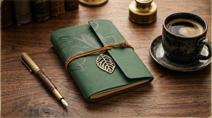 EvZ 5 Inch Mini Vintage Leather Journal, Pocket Size Refillable Loose Leaf Notebook, Retro Dark Green PU Cover with Metal Leaf Pendant, Blank Kraft Paper Small Travel Diary & Sketchbook