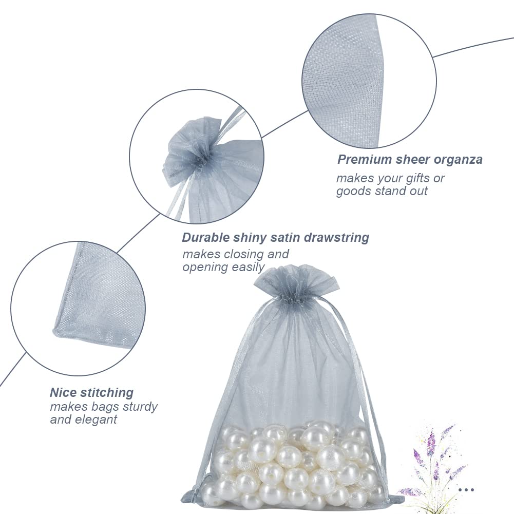 HRX Package 100pcs Organza Bags Silver Gray, 5x7 inch Mesh Drawstring Gift Bags Jewelry Pouches for Christmas Candy Party Favor