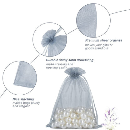 HRX Package 100pcs Organza Bags Silver Gray, 5x7 inch Mesh Drawstring Gift Bags Jewelry Pouches for Christmas Candy Party Favor