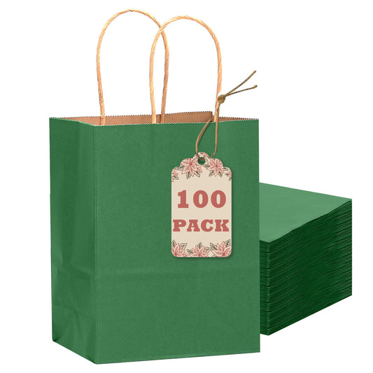qiqee 100PCS Gift Bag with Handles Bulk Kraft Deep Green Paper Bags Multiple Uses (8.3"x3"x6"inch Small Size)