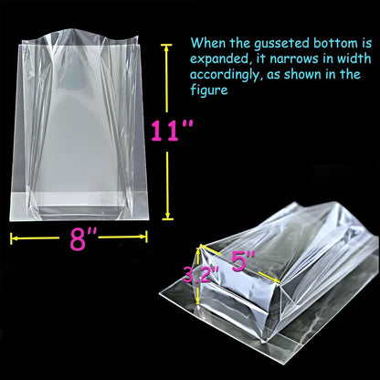 PigPotParty Cellophane Bags 8x11 Inch, 50 Pack Clear Plastic Gift Bags with Bottom Gusset for Stand-Up Display, Medium Cello Gift Wrap for Goodies, Treats, Party Favors, Mugs, Includes 50 Gold Ties