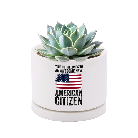 This Pot Belongs to an Awesome New American Citizen Ceramic Succulent Plant Pot with Tray Citizenship Gifts American Flag Plant Lover Gifts Home Decor 3.5 Inch White (No Plants) (With Ceramic Tray)